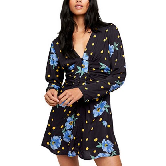 Free People Date Night Mini Women's Dress A-Line Black Dot Floral Medium Boho - Picture 1 of 5
